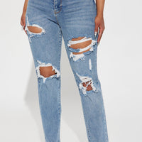 Because I Said So Destroyed Mom Jeans - Medium Blue Wash