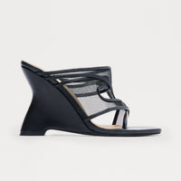 Amo Faux Leather Mesh Thong Wedges - Black