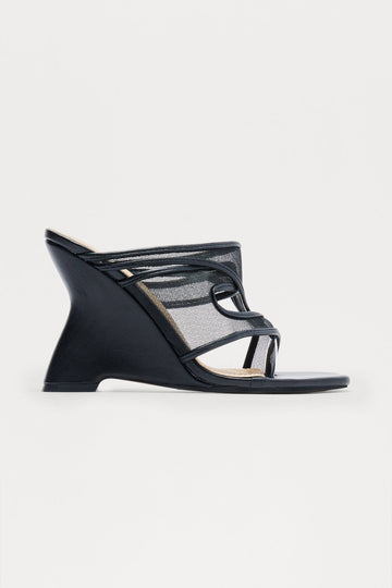 Amo Faux Leather Mesh Thong Wedges - Black