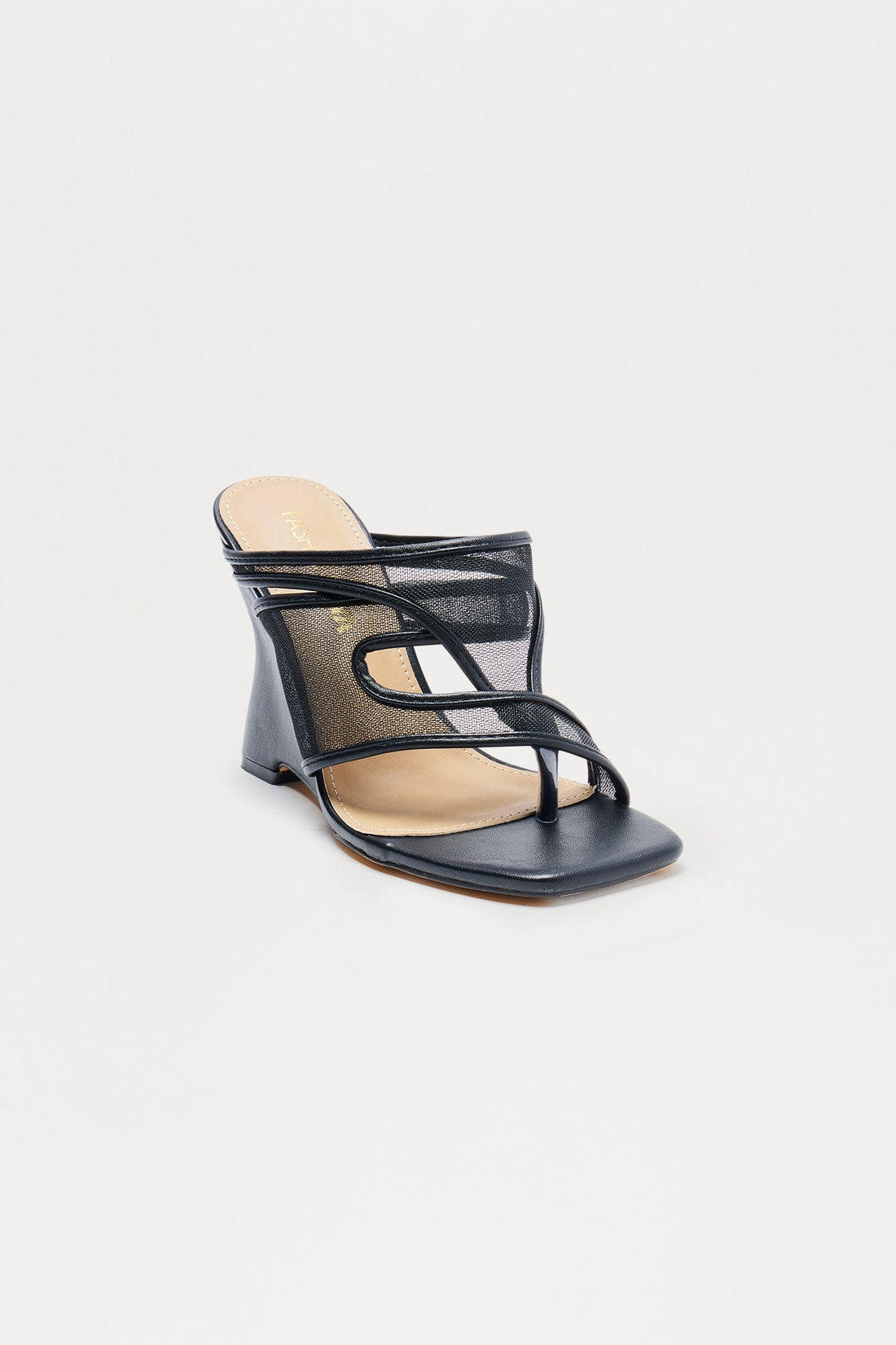 Amo Faux Leather Mesh Thong Wedges - Black