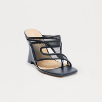 Amo Faux Leather Mesh Thong Wedges - Black
