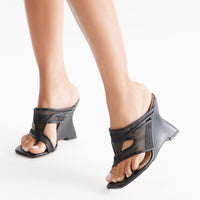Amo Faux Leather Mesh Thong Wedges - Black