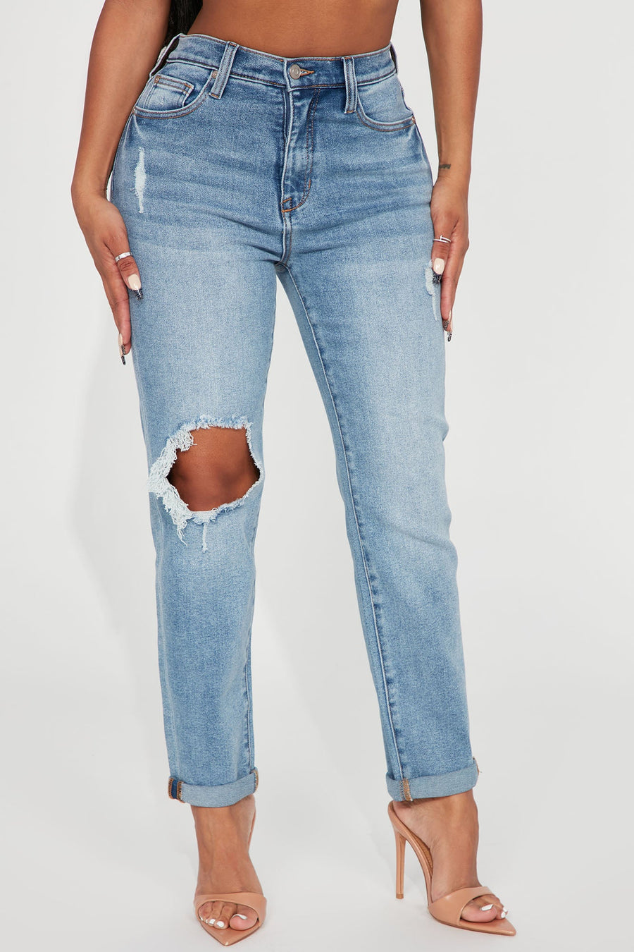 Need A New High Rise Mom Jeans - Medium Blue Wash