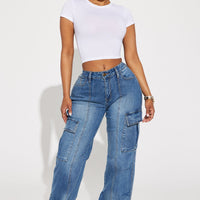 Say It Now Stretch Straight Leg Cargo Jeans - Dark Wash