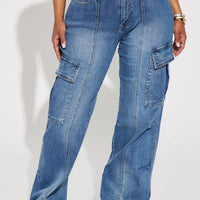 Say It Now Stretch Straight Leg Cargo Jeans - Dark Wash
