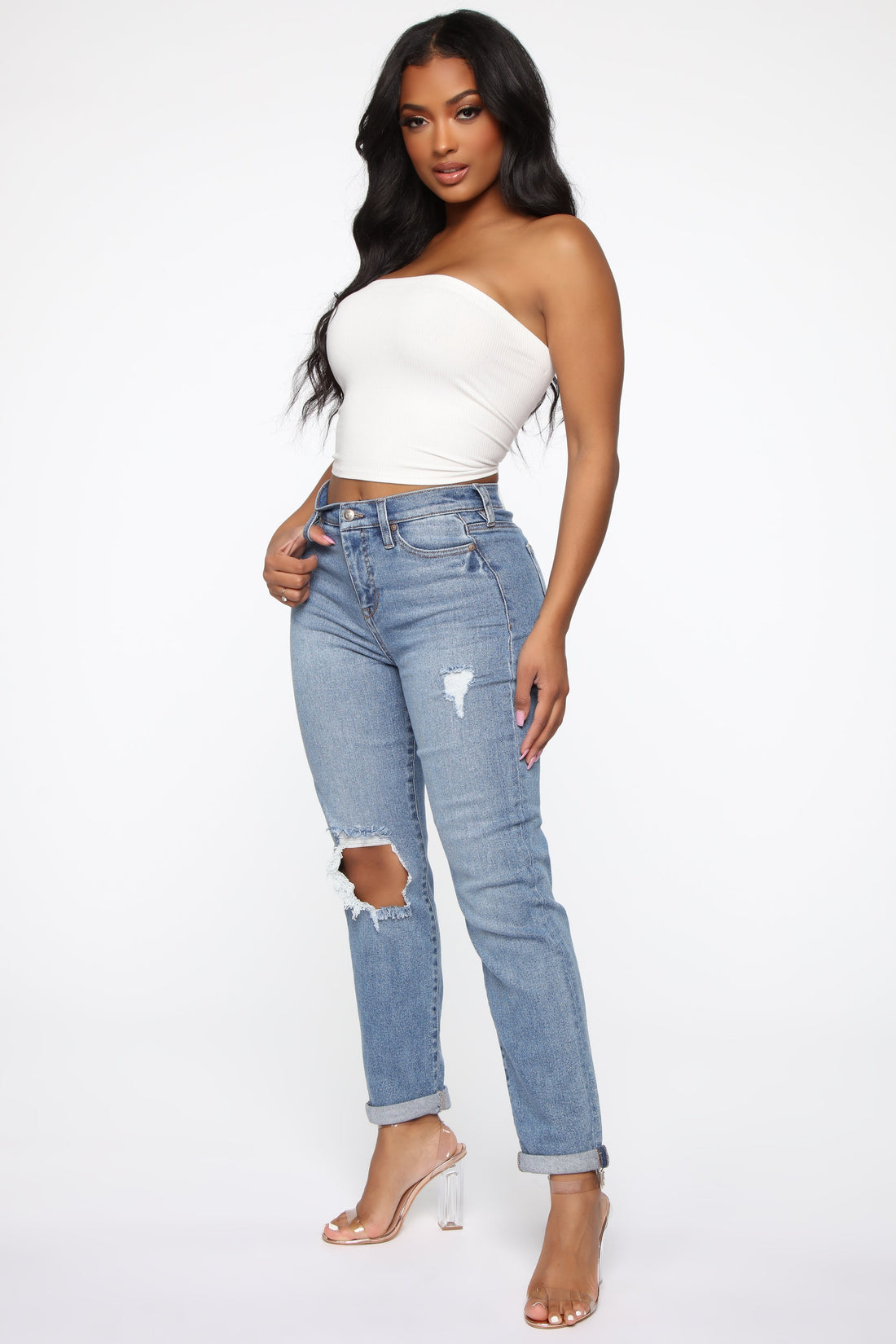 Need A New High Rise Mom Jeans - Medium Blue Wash