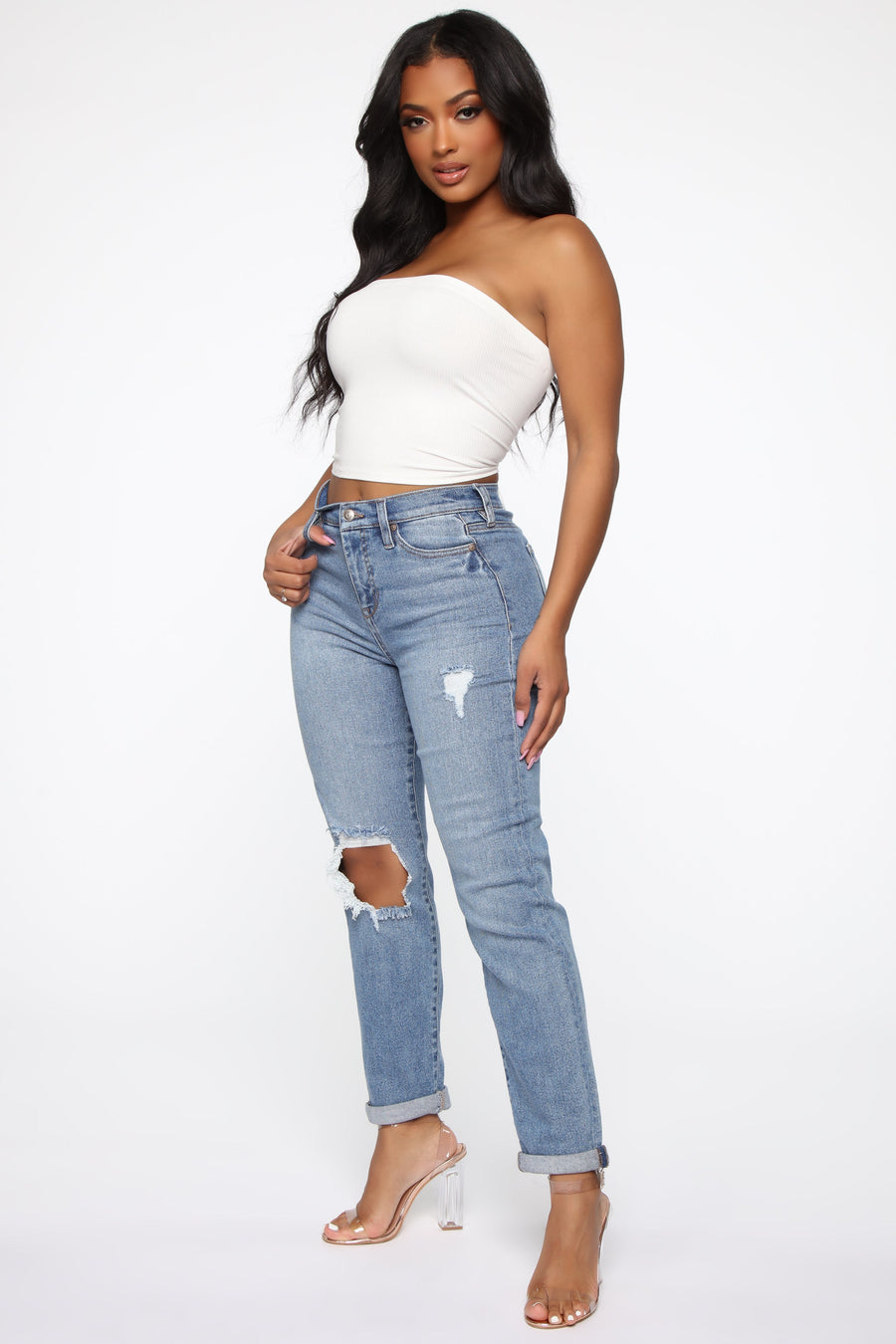 Need A New High Rise Mom Jeans - Medium Blue Wash