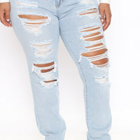 Favorite Getaway Destroyed Straight Leg Jeans - Light Blue Wash