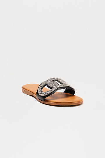 Ample Rhinestone Slip On Sandals - Black