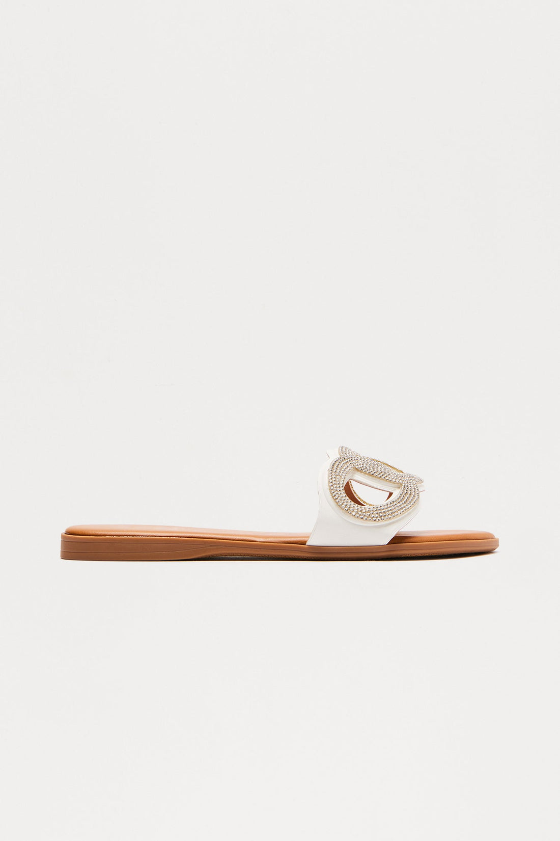 Ample Rhinestone Slip On Sandals - White