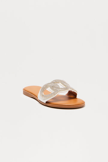 Ample Rhinestone Slip On Sandals - White