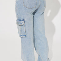 Just A Fling Stretch Straight Leg Cargo Jean - Light Wash