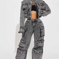 Billie Cropped Cargo Jacket - Acid Wash Black