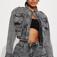 Billie Cropped Cargo Jacket - Acid Wash Black