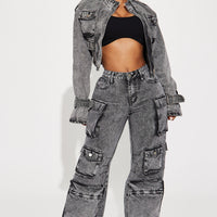 Billie Low Slung Cargo Jeans - Acid Wash Black