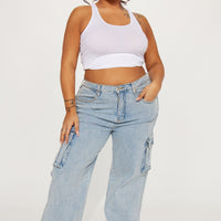 Just A Fling Stretch Straight Leg Cargo Jean - Light Wash
