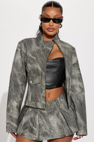 Babe Alert Faux Leather Jacket - Charcoal/combo