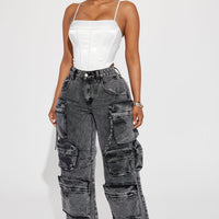 Millie Non Stretch Ripped Cargo Jeans - Acid Wash Black