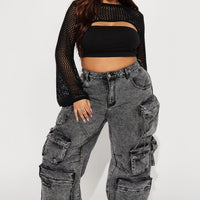 Millie Non Stretch Ripped Cargo Jeans - Acid Wash Black