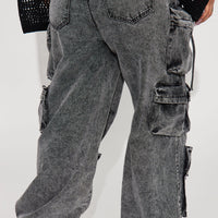 Millie Non Stretch Ripped Cargo Jeans - Acid Wash Black