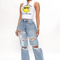 Seeking Thrills Shredded Straight Leg Jeans - Medium Wash
