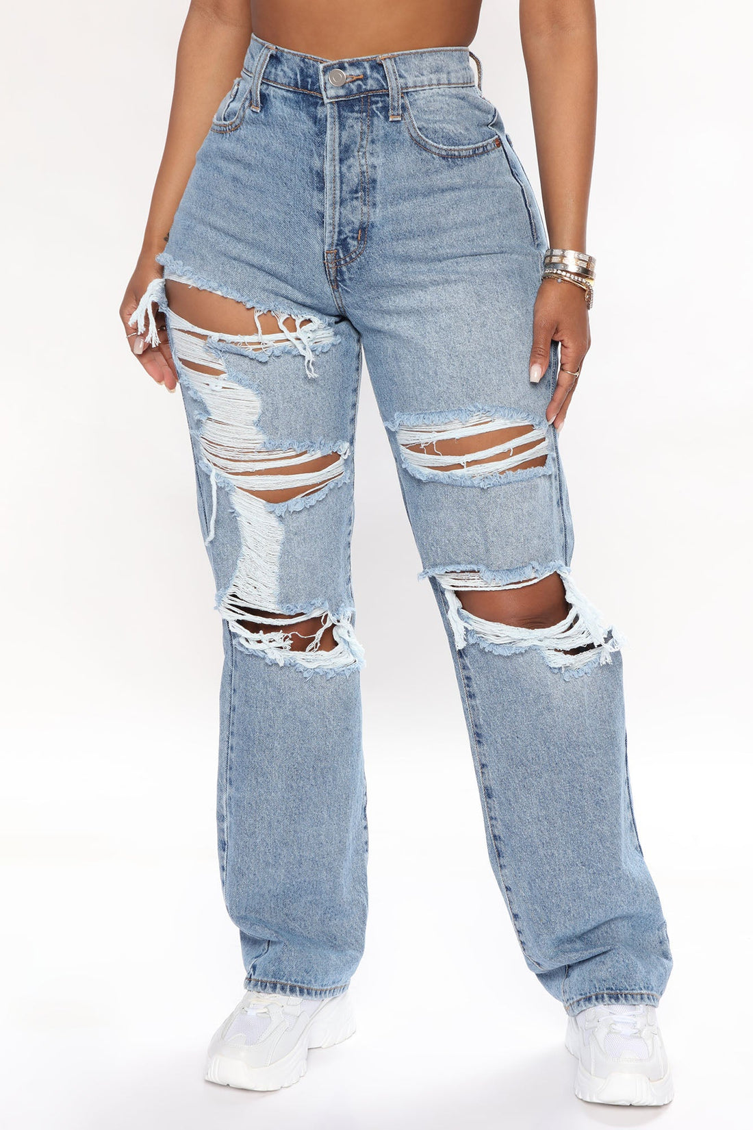 Seeking Thrills Shredded Straight Leg Jeans - Medium Wash