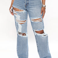 Seeking Thrills Shredded Straight Leg Jeans - Medium Wash