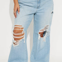Not A Chance Ripped Non Stretch Wide Leg Jeans - Light Wash