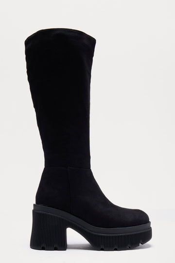 Attached Faux Suede Boots - Black