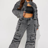 Billie Cropped Cargo Jacket - Acid Wash Black