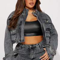 Billie Cropped Cargo Jacket - Acid Wash Black