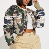 Kiara Abstract Camo Puffer Jacket - Olive/combo