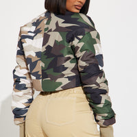 Kiara Abstract Camo Puffer Jacket - Olive/combo