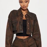 Taking Control Cropped Trucker Jacket - Chocolate