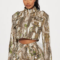 Sneak Attack Cropped Denim Cargo Jacket - Taupe/combo