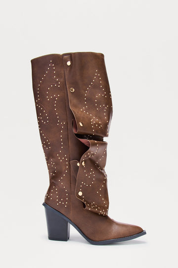 Armor Studded Knee High Boots - Brown