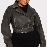 Roxi Washed Faux Leather Moto - Black