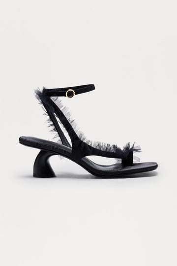 Afina Satin Ruffle Heels - Black
