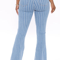 Crossed The Line Striped Flare Jeans - Light Blue Wash