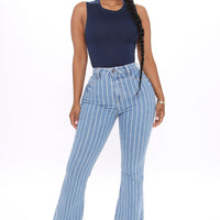 Crossed The Line Striped Flare Jeans - Light Blue Wash