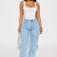 Step By Step Utility Straight Leg Jeans - Light Wash