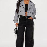 Preppy Chic Plaid Cropped Trench Coat - Black