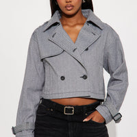 Preppy Chic Plaid Cropped Trench Coat - Black