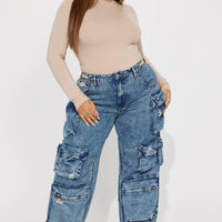 Nikki Non Stretch Acid Wash Cargo Jeans - Medium Wash