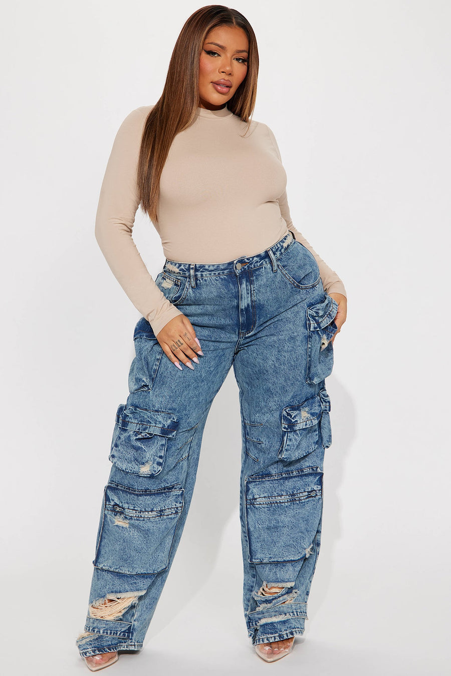 Nikki Non Stretch Acid Wash Cargo Jeans - Medium Wash