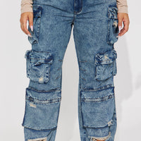 Nikki Non Stretch Acid Wash Cargo Jeans - Medium Wash