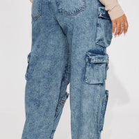 Nikki Non Stretch Acid Wash Cargo Jeans - Medium Wash