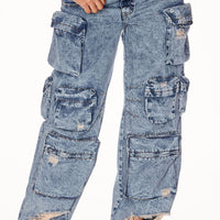 Nikki Non Stretch Acid Wash Cargo Jeans - Medium Wash