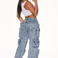 Nikki Non Stretch Acid Wash Cargo Jeans - Medium Wash