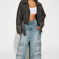 Roxi Washed Faux Leather Moto - Black